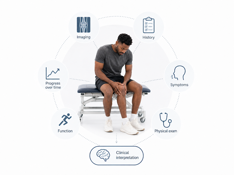ed965ad6-26f7-4de2-bb2e-cbf5b702b9e6 Clinical illustration showing how limb asymmetry is interpreted using symptoms, sport, injury history, performance, and change over time