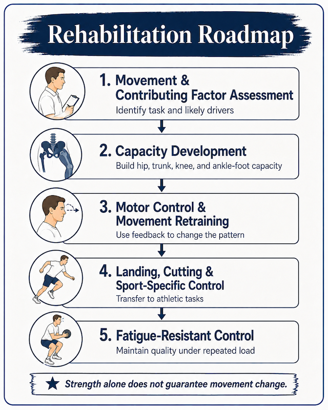Clinical illustration showing how limb asymmetry is interpreted using symptoms, sport, injury history, performance, and change over time